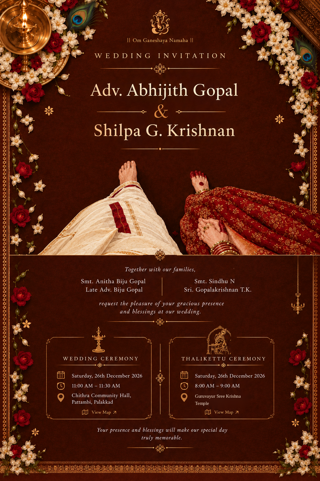 The original illustrated wedding invitation for Adv. Abhijith Gopal and Shilpa G. Krishnan, with the blessing, family names, ceremony details, gold borders, roses, jasmine, peacock feathers, lamps, and wedding attire. A complete readable text version follows below.